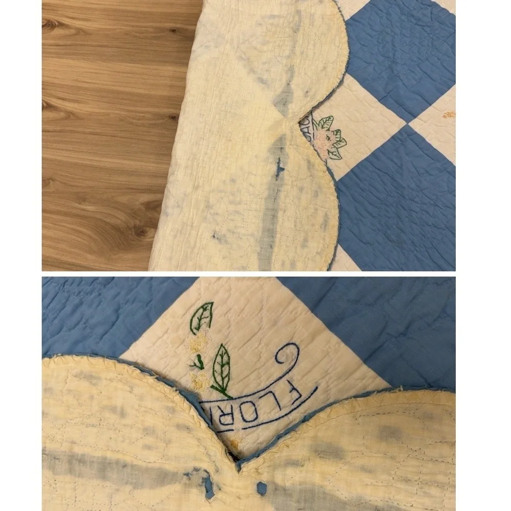 Vintage 48 State Embroidered Quilt 1930s Blue White Hand Quilted Scalloped Edge